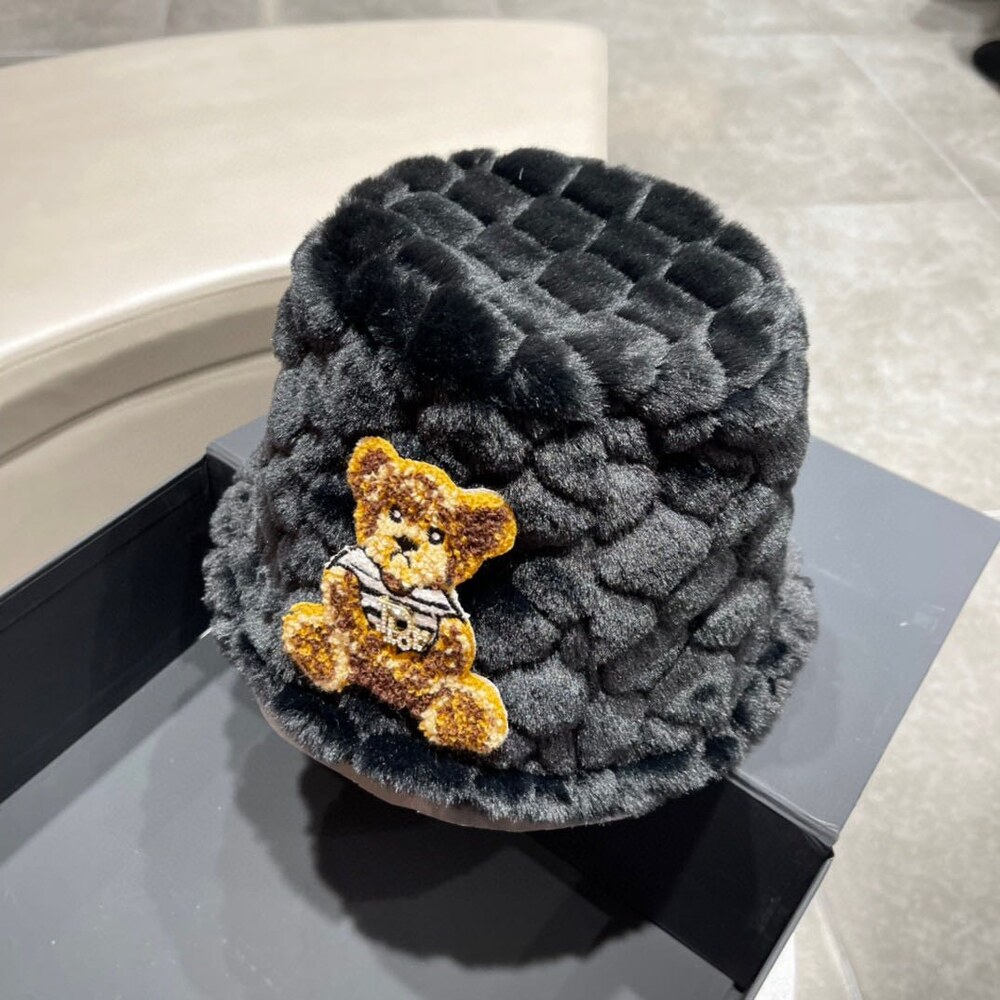 Dior Teddy Bear Embroidered Black Faux Fur Bucket Hat - Picture 7 of 7